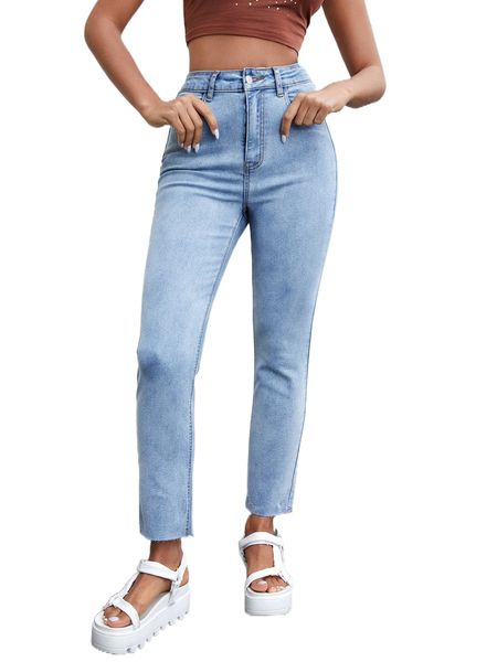 

high waist raw hem jeans l5fr#, Blue