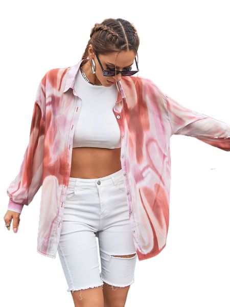 

graphic print drop shoulder button through blouse c55z#, White
