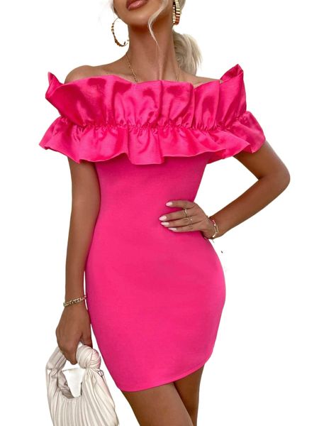 

off shoulder exaggerated ruffle trim bodycon dress e8q5#, Black;gray