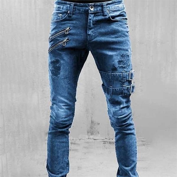 

men jeans slim fit double belt ripped fashion vintage hip hop denim pants skinny casual street style trousers 220328, Blue
