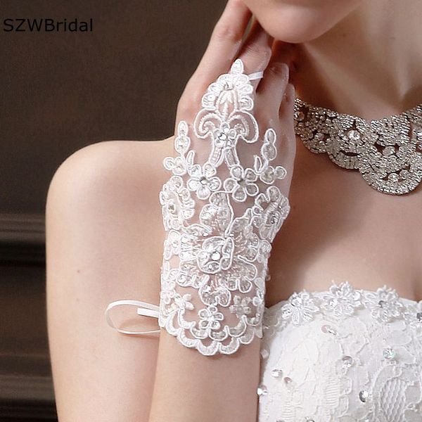 

new arrival ivory bride gloves lace appliques beaded lace gloves wedding accessories novia bridal gloves, White