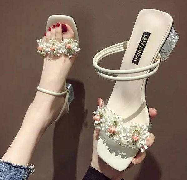 

women's new sandals summer fashion flower high heel chunky heel slippers, Black