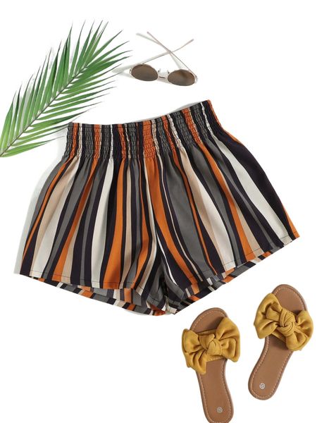 

shirred waist striped colorblock shorts x871#, White;black