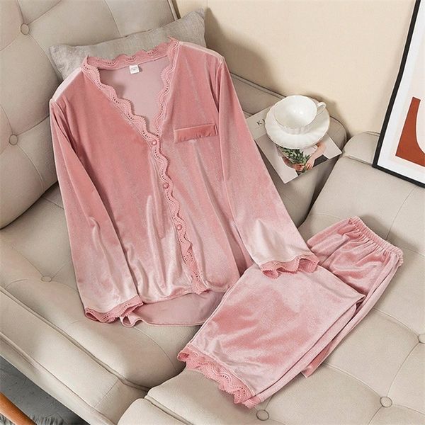 Женщины Velvet Pajamas набор Sexy 2-х частей V-образным вырезом кружева и брюки спящая одежда Pajamas Lounge носить солидную ночь Осень зима 220329