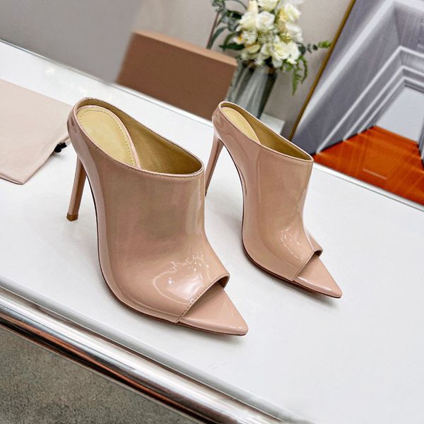 

new real leather pointed toe peep toe slippers women designer brand runway slipper woman high end banquet party slippers, Black