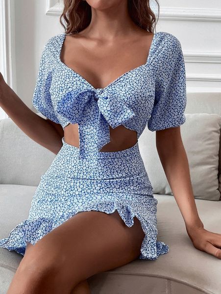 

ditsy floral knot bust peekaboo dress k4z3#, Black;gray