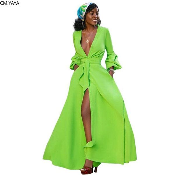 

women long sleeve turn-down neck button up high waist sashes long dress female elegant high slit maxi dresses vestidos 220516, Black;gray