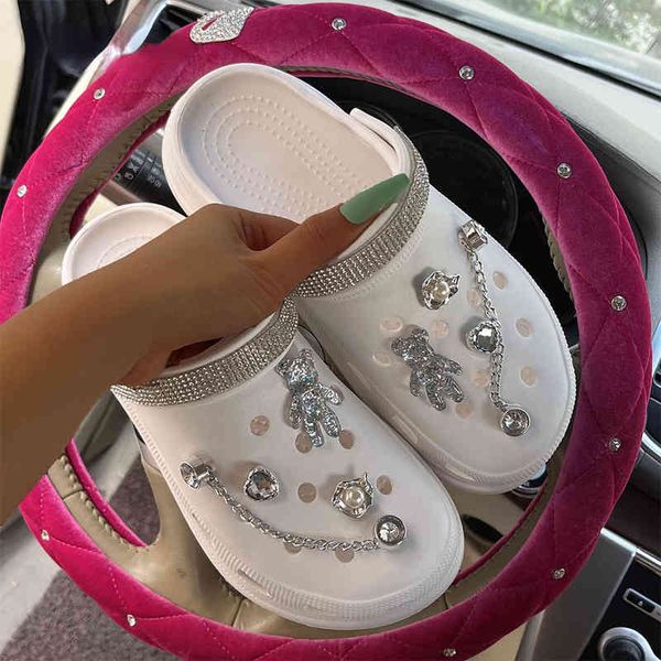 

slippers women summer beach sandals thick sole anti slip slides metal charmr garden ladies cute plus size hole shoes 220708, Black