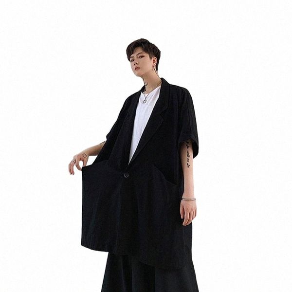 

jacket half sleeve cotton suit cardigan men's short japanese style hair stylist dark lapel personality jackets 43i9#, Black;brown