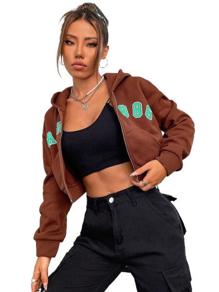 

letter graphic drop shoulder zipper thermal lined hoodie u8f0#, Black