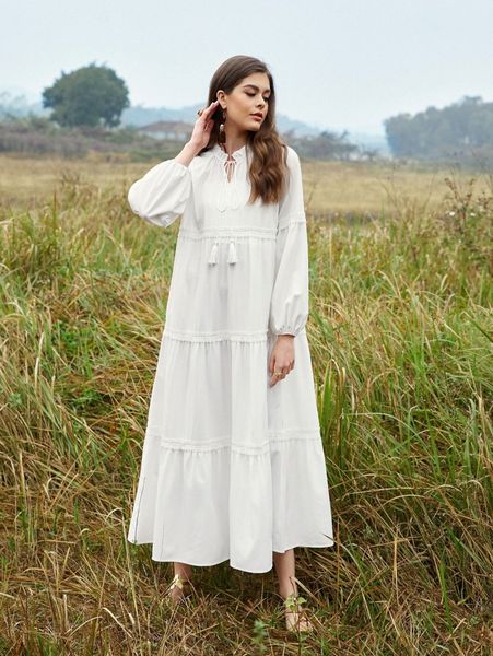 

tassel tie neck lace trim lantern sleeve dress u5in#, Black;gray