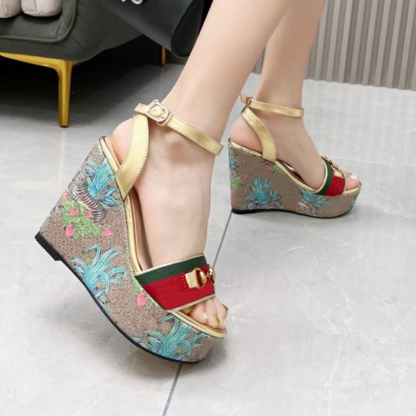 Designer Keil Sandalen Frauen High Heels Espadrilles Echtes Leder Schuh Schnürung Druck Grün Rot Tiger Blumen Plattform Kleid Dame Pumps mit Box NO379