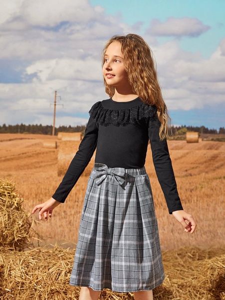 

girls guipure lace trim and belted plaid skirt set she, White