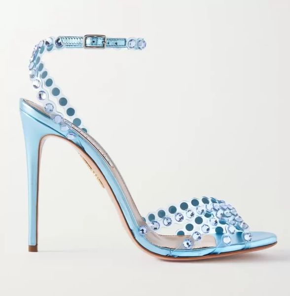 

2022 elegant summer tequila leather sandals shoes women strappy design crystal-embellished lady high heel dress bridal wedding, Black