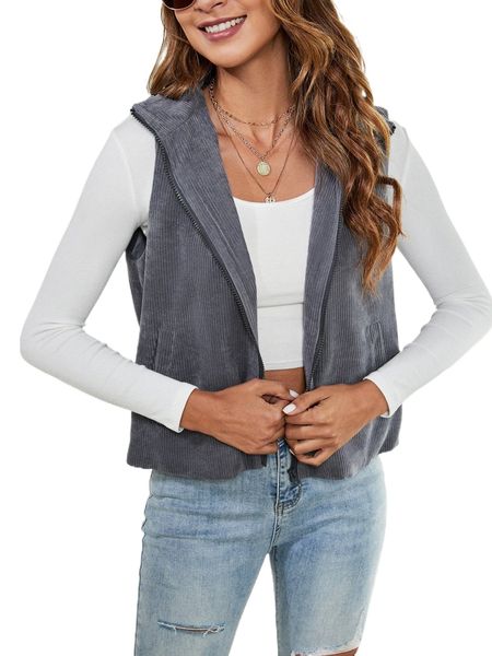 

zip up hooded corduroy vest jacket t6es#, Black;brown