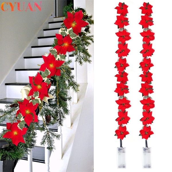 

2m 10led christmas poinsettia flowers decorations garland string lights xmas tree ornaments christmas indoor outdoor home decor 220815