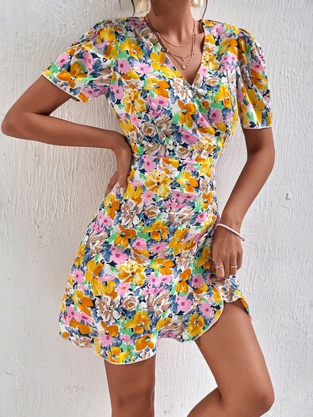 

allover floral print puff sleeve ruffle hem dress l1oy#, Black;gray