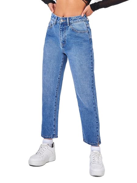 

petite zipper fly split hem tapered jeans b01o#, Blue