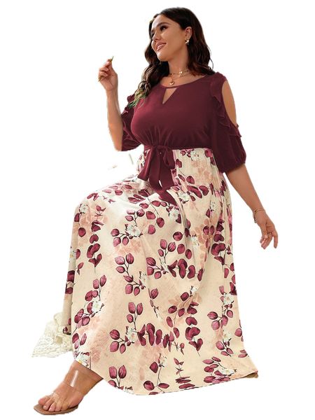 

plus floral print cut out cold shoulder ruffle trim belted dress 61fi#, Black