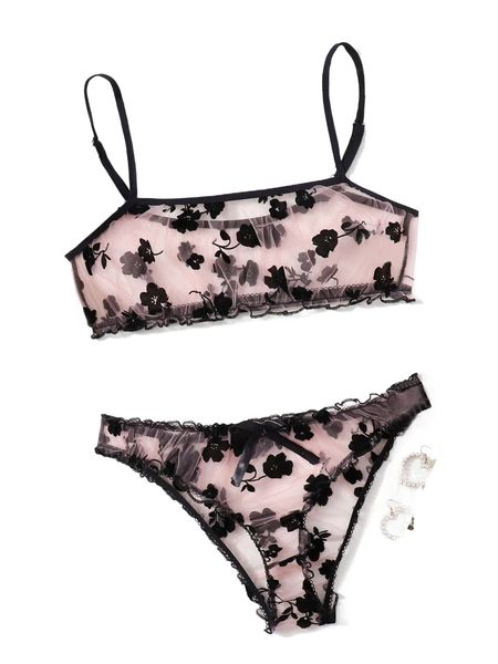 

flower pattern mesh lingerie set x39e#, Black;red
