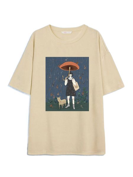 

romwe x inksmuggler mushroom & figure graphic drop shoulder tee k3sp#, White