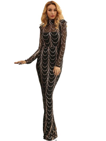 

missord mock-neck sequin mesh prom dress h6w3#, Black;gray