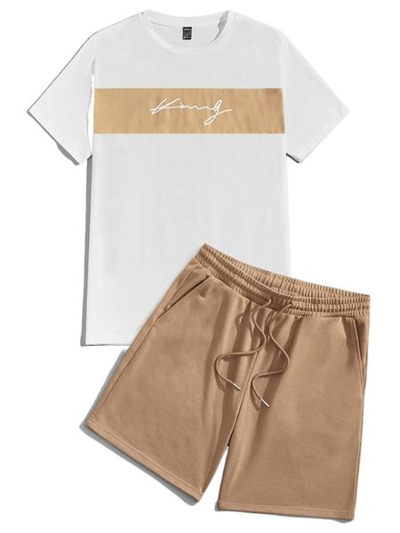 

men letter & colorblock graphic tee & track shorts set b6d0#, Gray
