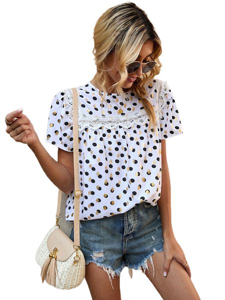 

p.olka d.ot print c.ontrast l.ace b.louse v6h0#, White