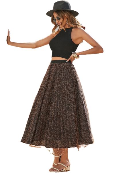 

leopard print pleated mesh overlay skirt 32qh#, Black