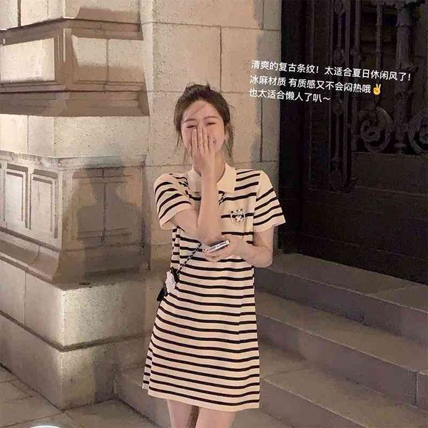 

casual dresses meat polo collar striped t-shirt dress for women summer casual sports short sleeve design skirt gctt, Black;gray