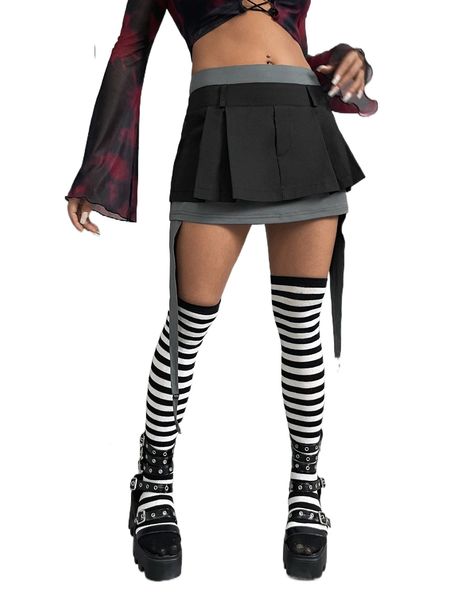 

two tone pleated detail garter 2 in 1 skirt 22xq#, Black