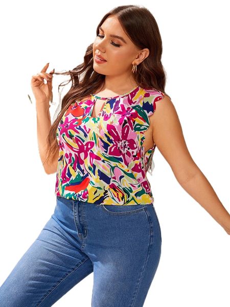 

plus floral print keyhole neckline scallop trim blouse y0xr#, Black