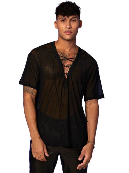

men lace up sheer mesh tee i1ky#, White;black