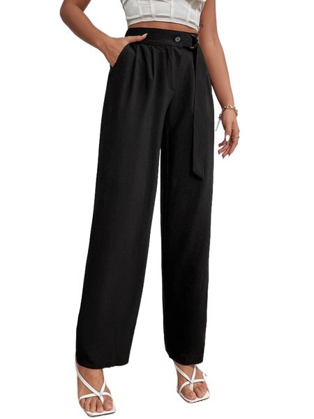 

ring linked waist slant pocket pants p02c#, Black;white