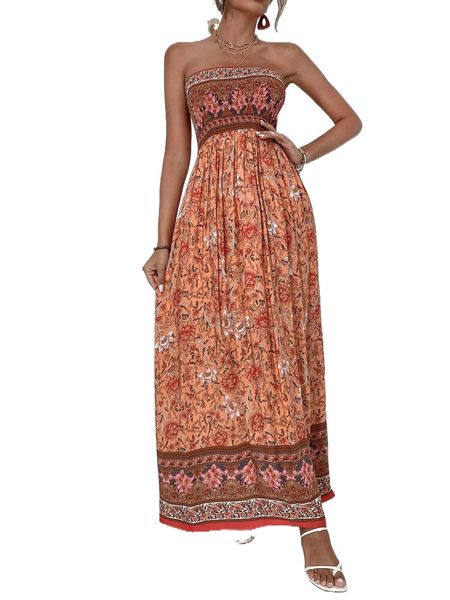 

floral print shirred bodice tube dress b04l#, Black;gray