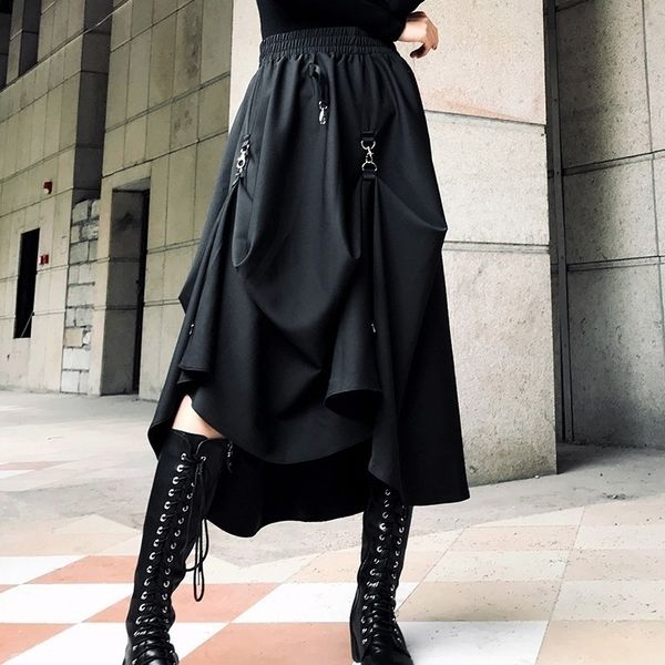 

lanmrem spring fashion irregular ring cross two wear black womens skirt elastic high waist allmatch bottoms yf970 y200326