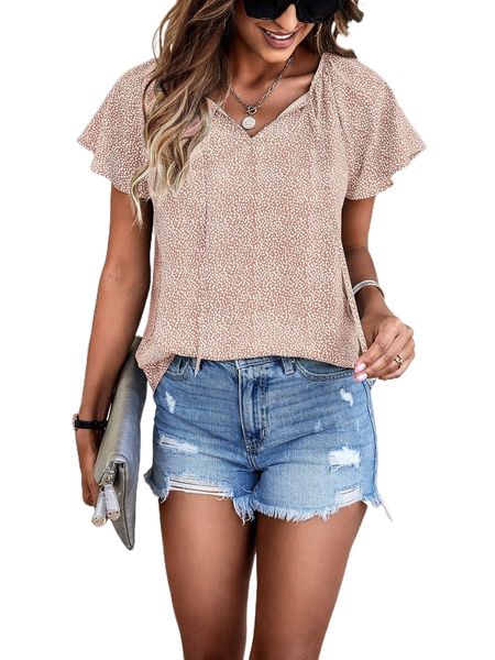 

all over print tie neck butterfly sleeve blouse w3bp#, White