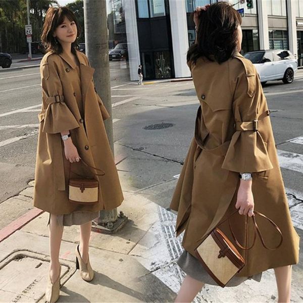 

autumn winter windbreaker female long section double-breasted fashion large size women elegant trenchcoat new kaki overcoat l220725, Tan;black