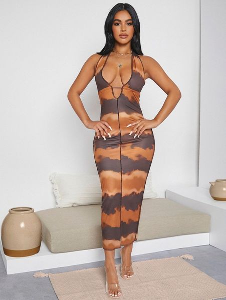 

sxy open back tie dye halter dress z72w#, Black;gray