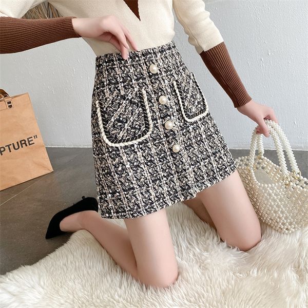 

hepburn style retro elegant skirt women autumn winter high waist woolen bag hip a-line skirt temperament female 220408, Black