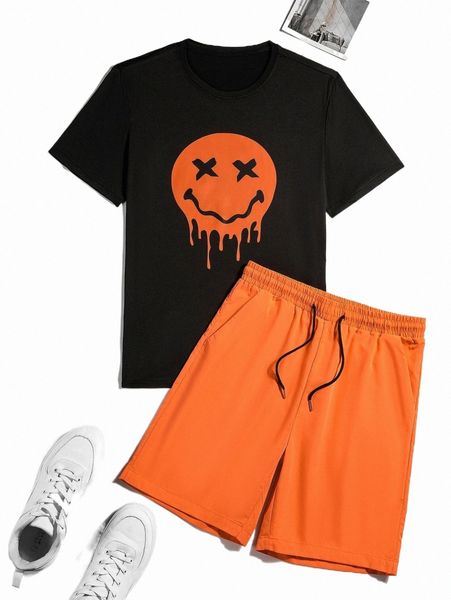 

men cartoon graphic tee & solid shorts 82ji#, Gray