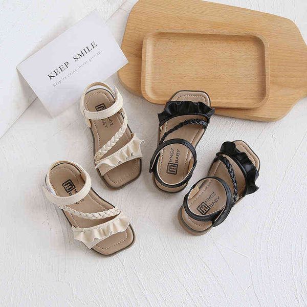

1-7 year children girls sandal 2021 weave style summer child flats shoes baby beach kids sandal for little girls fashion ruffles g220523, Black;red