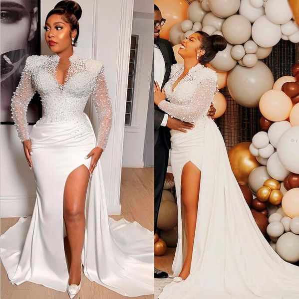

plus large mermaid wedding dresses beaded pealrs lace high neck long sleeve side split bridal gowns robe de mariÃ©e, White