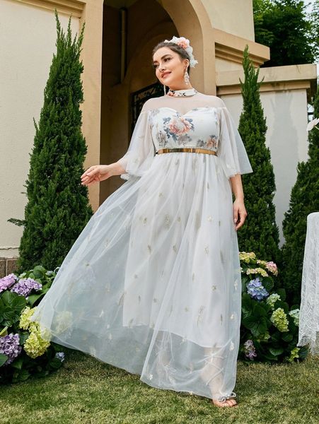 

plus floral print flutter sleeve embroidered mesh formal dress without belt s2bi#, Black