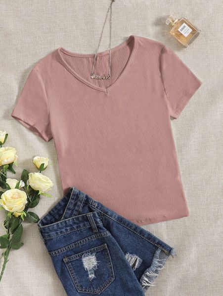 

v neck rib knit solid tee c32u#, White