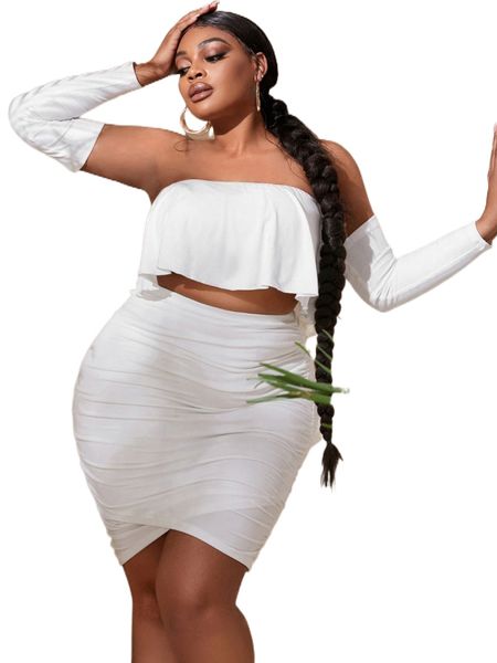 

sxy plus solid tube & ruched wrap hem skirt with arm sleeve z23f#, Black