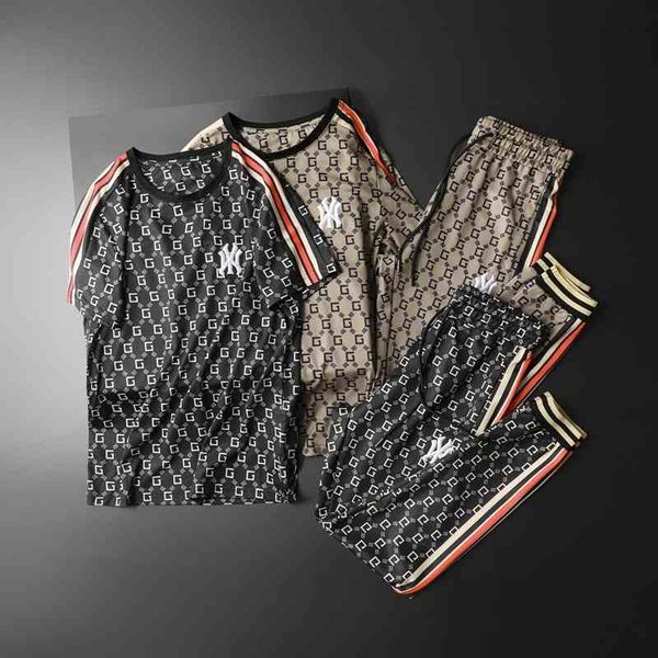 

men's sports fashion trend brand clothing summer round short sleeve t-shirt version slim fitting embroidered pants leisure suit, Gray