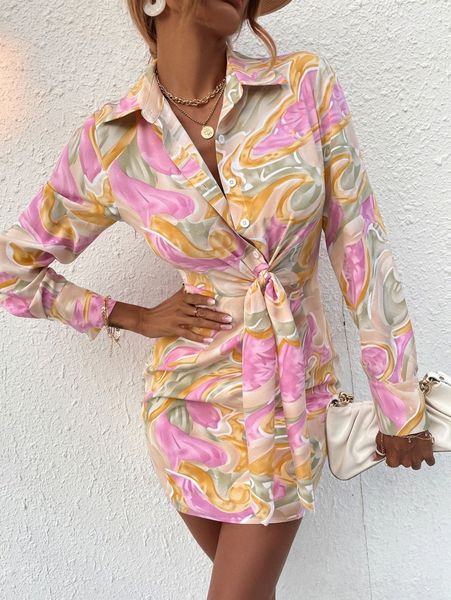 

allover print knot front shirt dress 44e2#, Black;gray