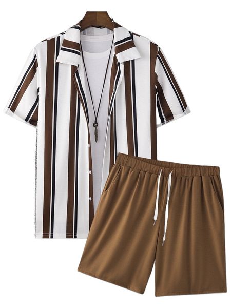 

men block striped shirt & drawstring waist shorts without tee e50j#, Gray