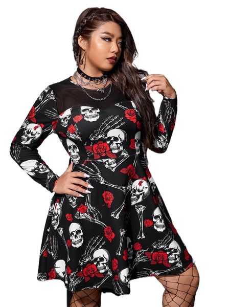 

plus skull and floral print sheer mesh yoke dress g5do#, Black